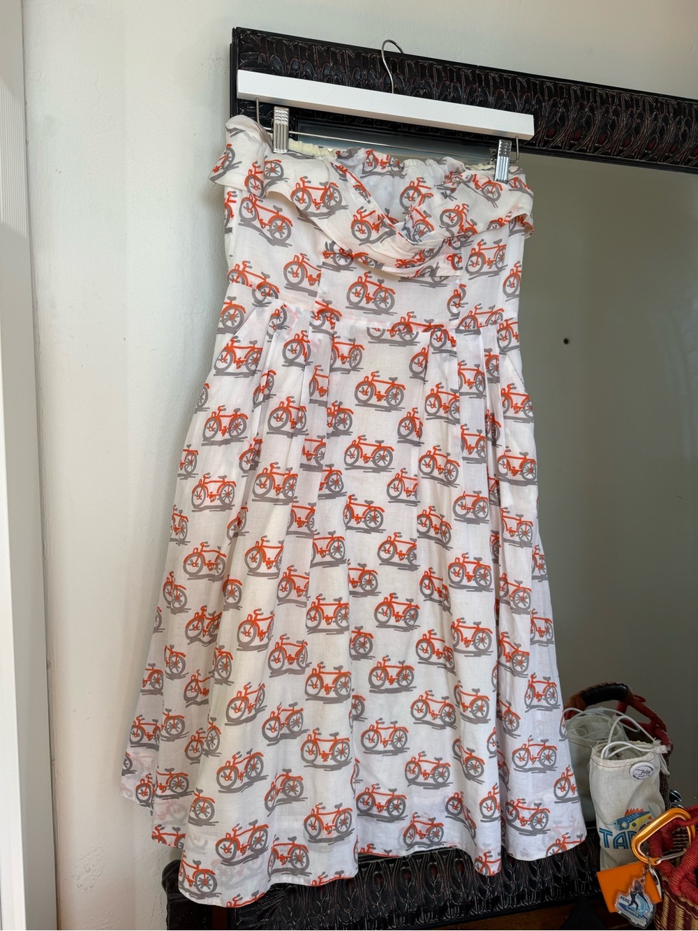 Girls White Strapless Dress with Orange Bicycle Print